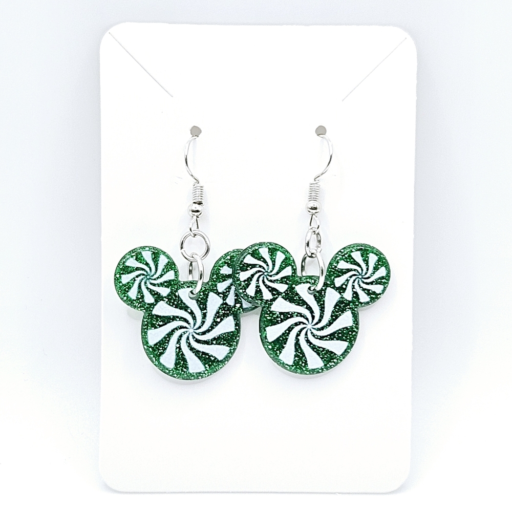 Green Peppermint Candy Mouse Earrings Christmas Kawaii Acrylic Dangle NWT